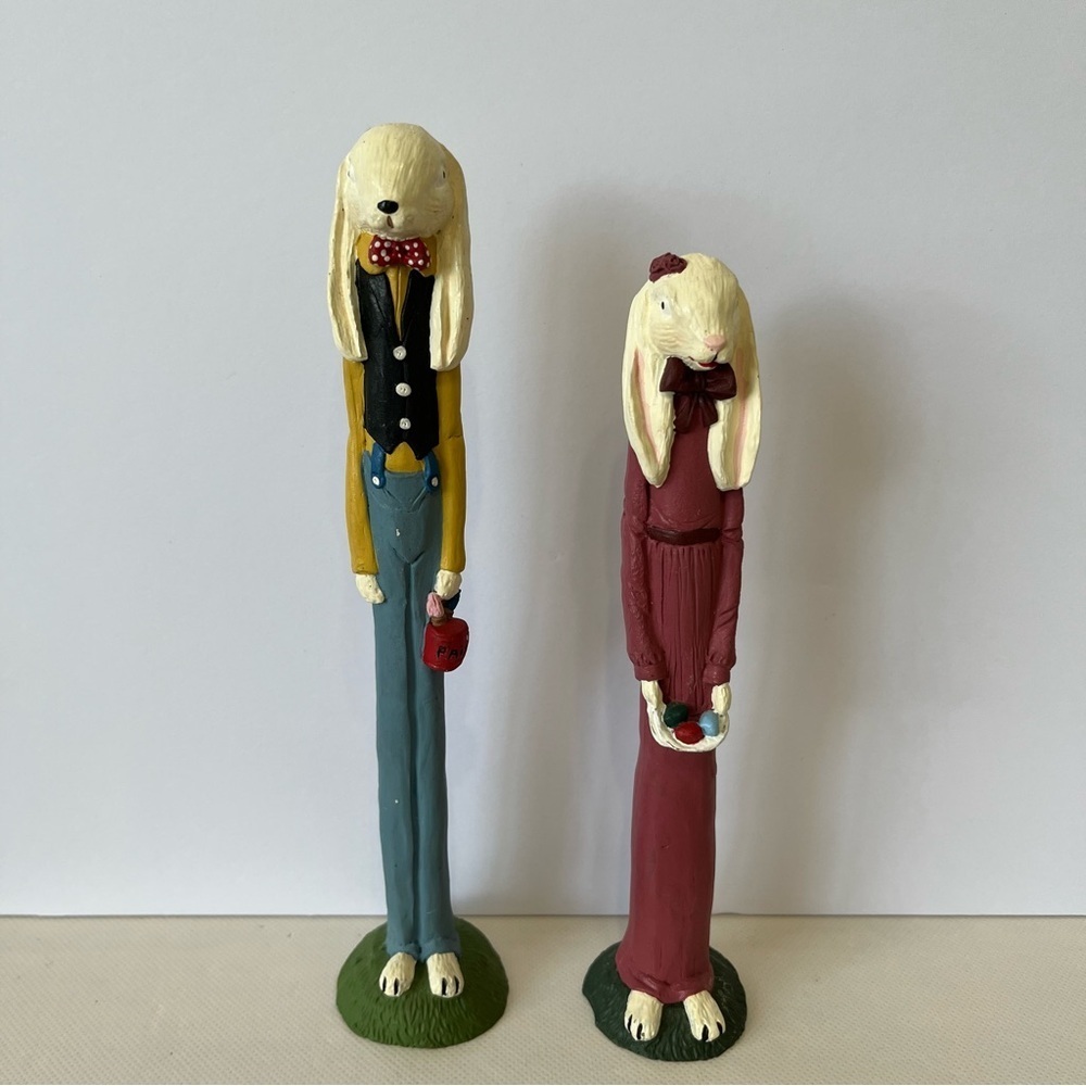 Vintage TNT 1991 Tall Skinny Rabbit Couple Easter Eggs Figurines Set Folk Art
